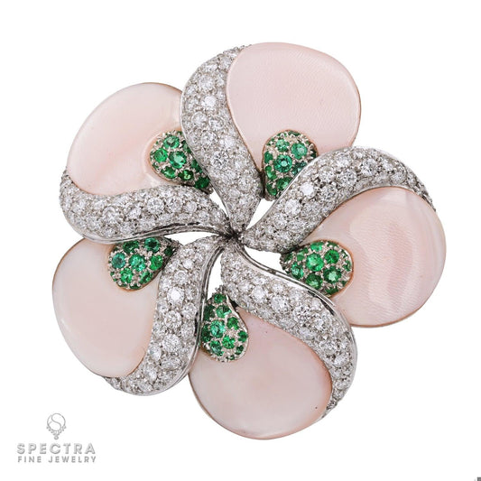 De Ambrosi's Diamond Emerald Mother of Pearl Flower Brooch