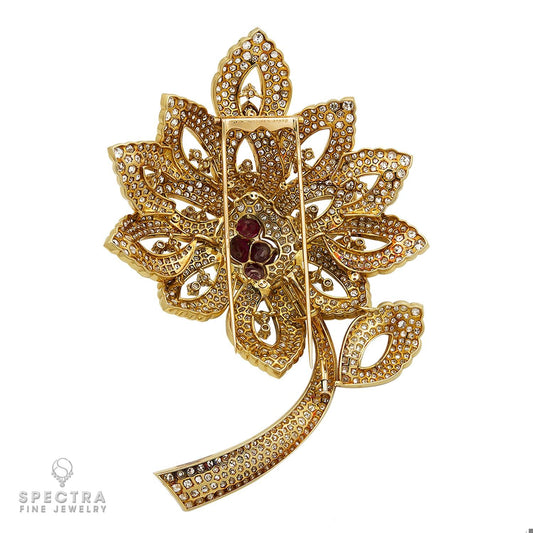 Mauboussin 50ct Diamond 14ct Burma Ruby Flower Brooch, 18k Gold
