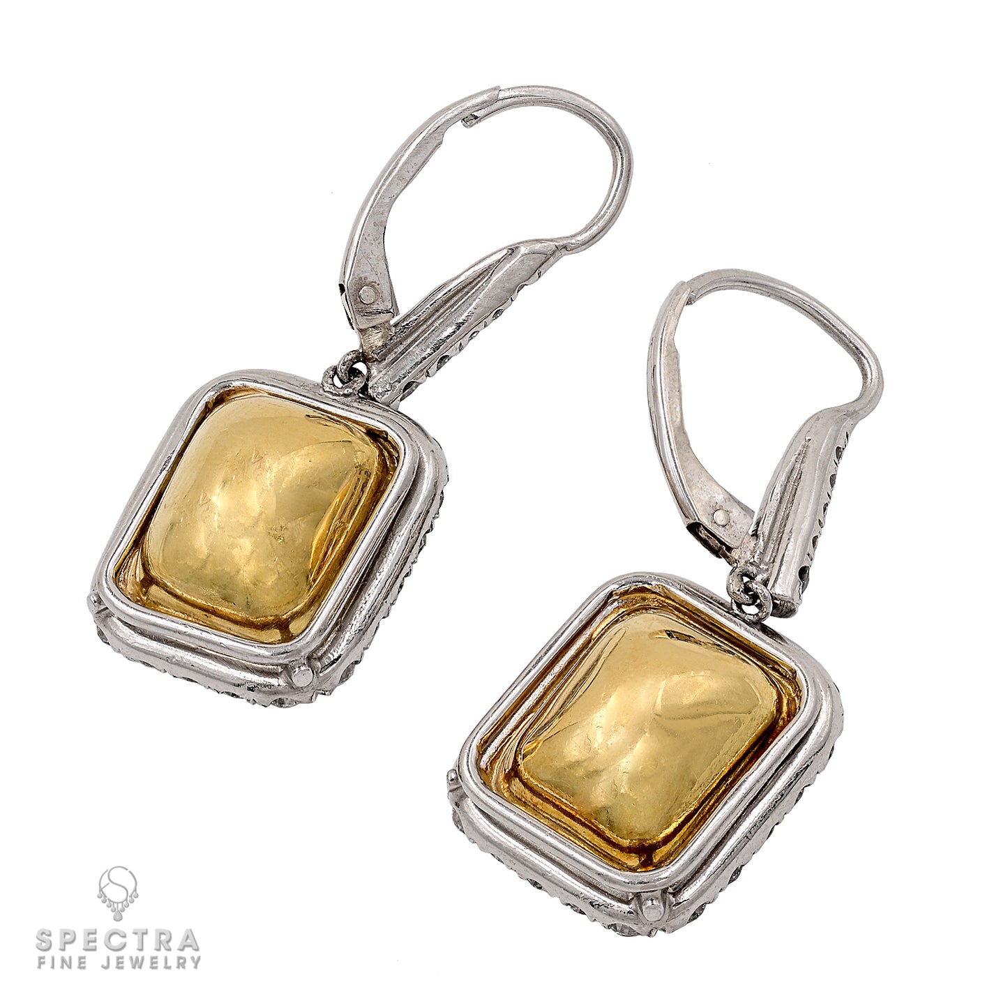 Contemporary Emerald Cut Yellow Diamond Halo Drop Earrings - view 3