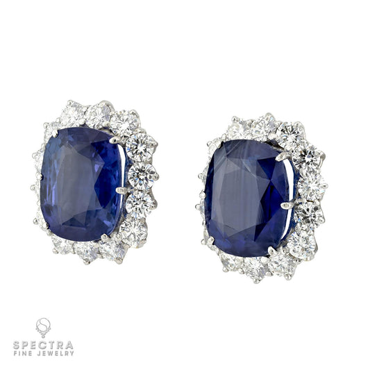 30.68ctw Ceylon No Heat Sapphire & Diamond Cluster Ear-Clips | SSEF