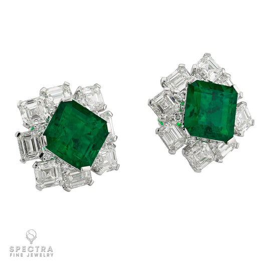 12.79ctw Colombian Emerald & 13.32ctw Diamond Cluster Earrings | Spectra