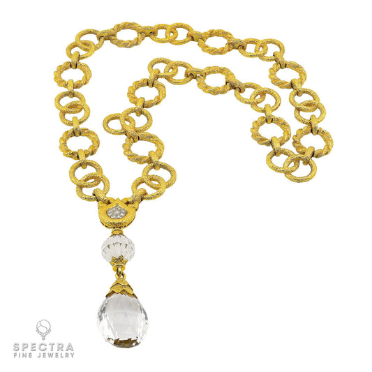 David Webb 18K Yellow Gold Rock Crystal & Diamond Pendant Necklace