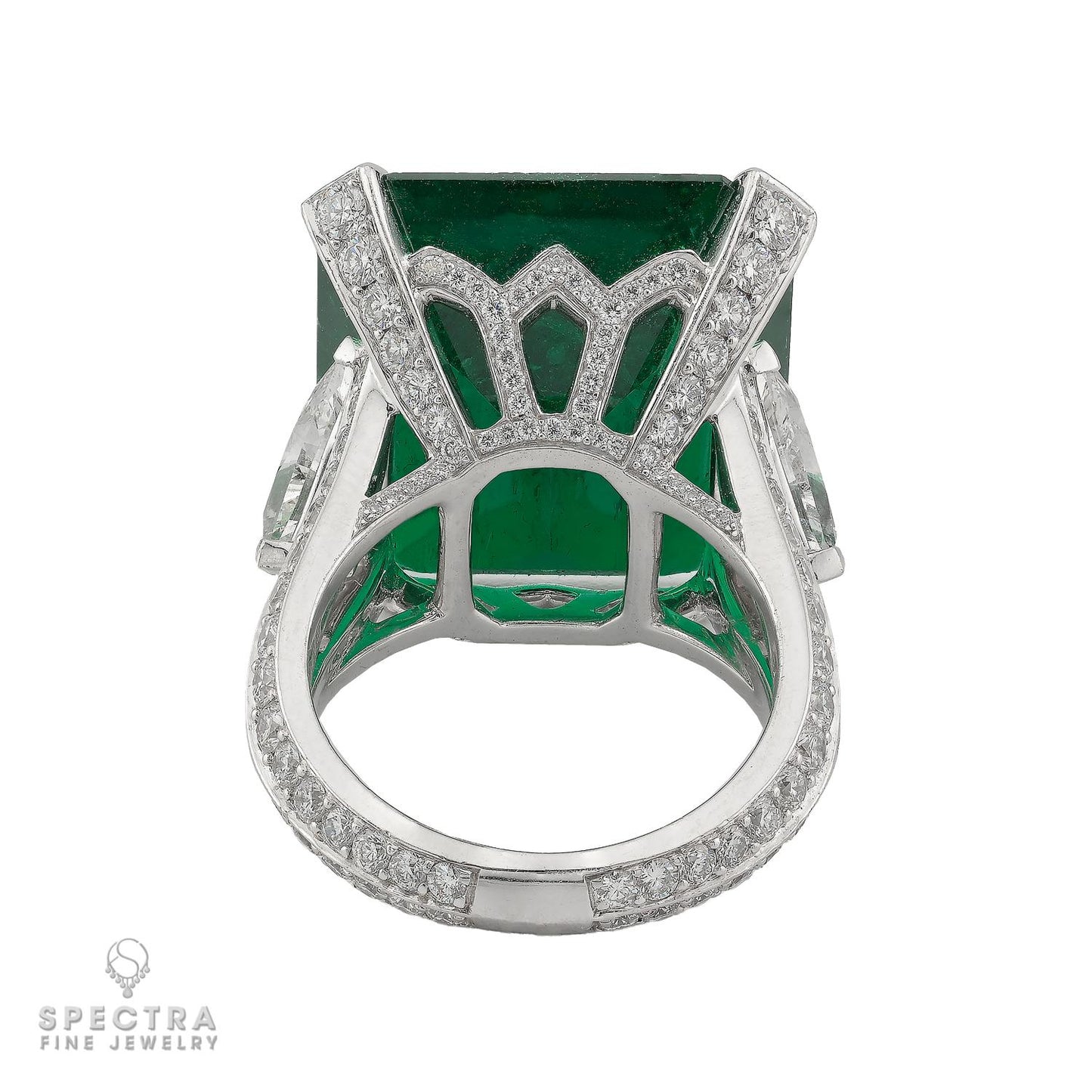 21.34 carat Colombian Emerald Trilliant Diamond Ring in Platinum | Signed Graff
