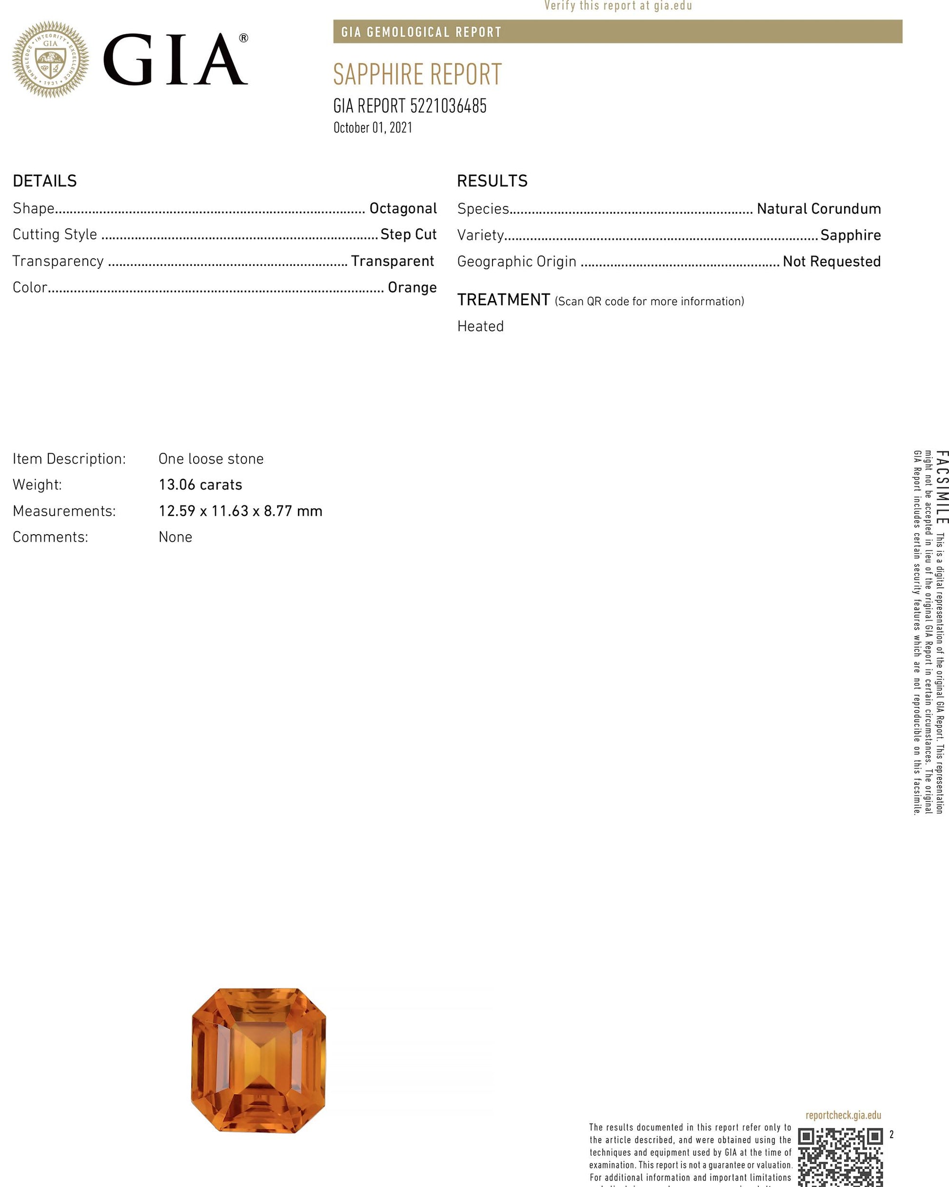 Spectra Fine Jewelry GIA Certified 13.06 Carat Orange Sapphire Diamond Ring