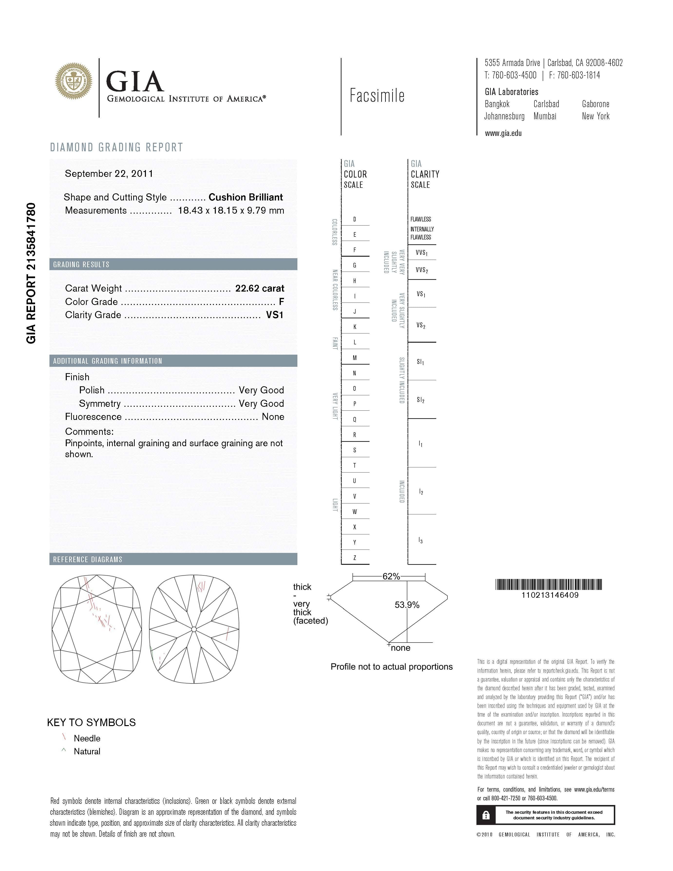 GIA Certified 22.62ct Cushion Diamond Platinum Ring