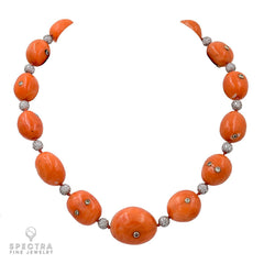Coral Bead & Diamond Necklace with Graduated Spheres, 17