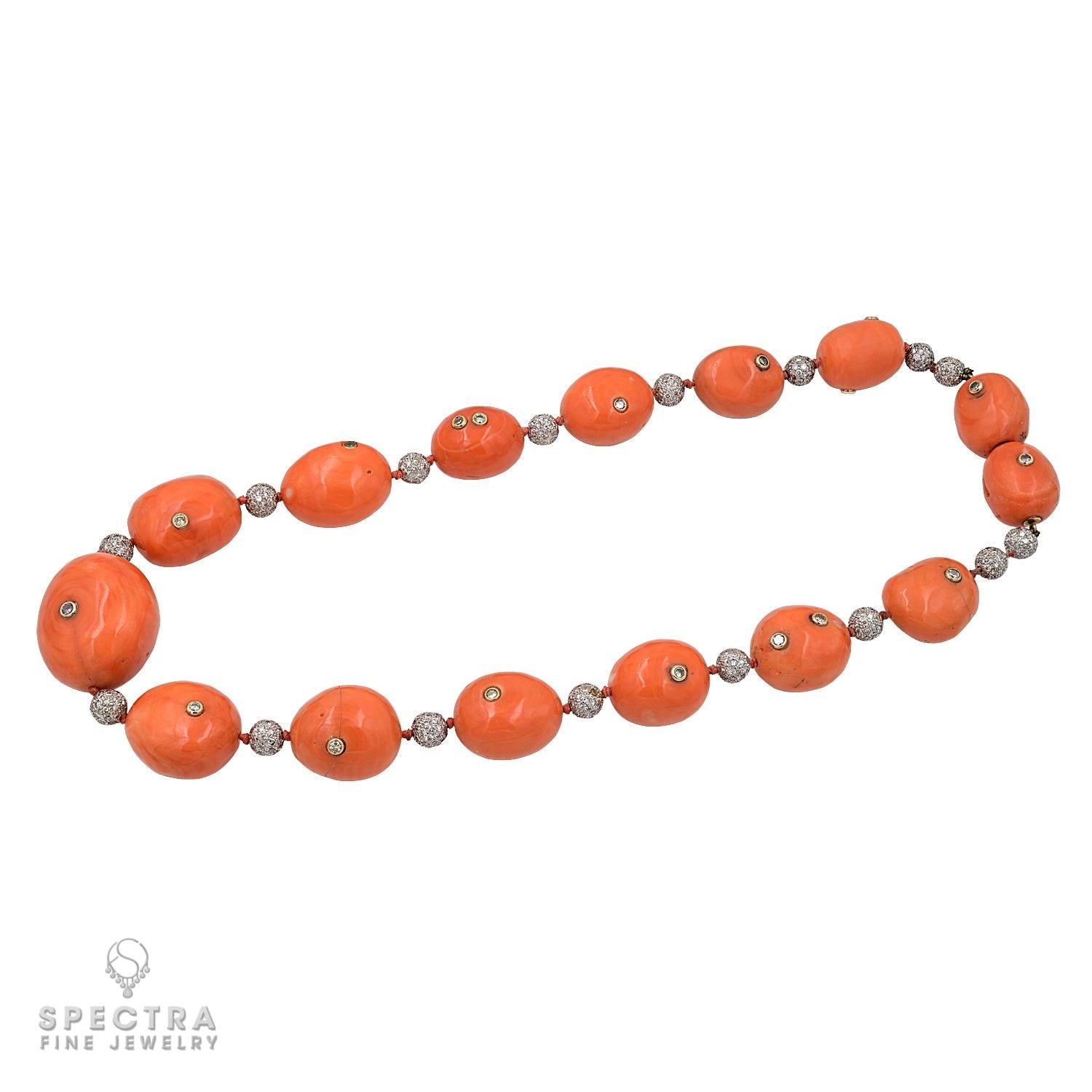 Coral Bead & Diamond Necklace with Graduated Spheres, 17" Length