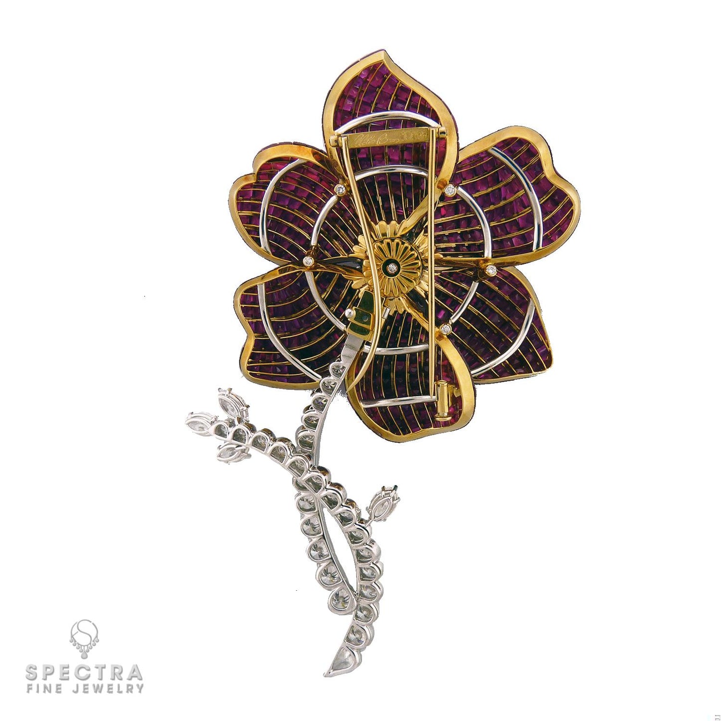 Aletto Brothers Invisibly Set Ruby Diamond Platinum Flower Convertible Brooch