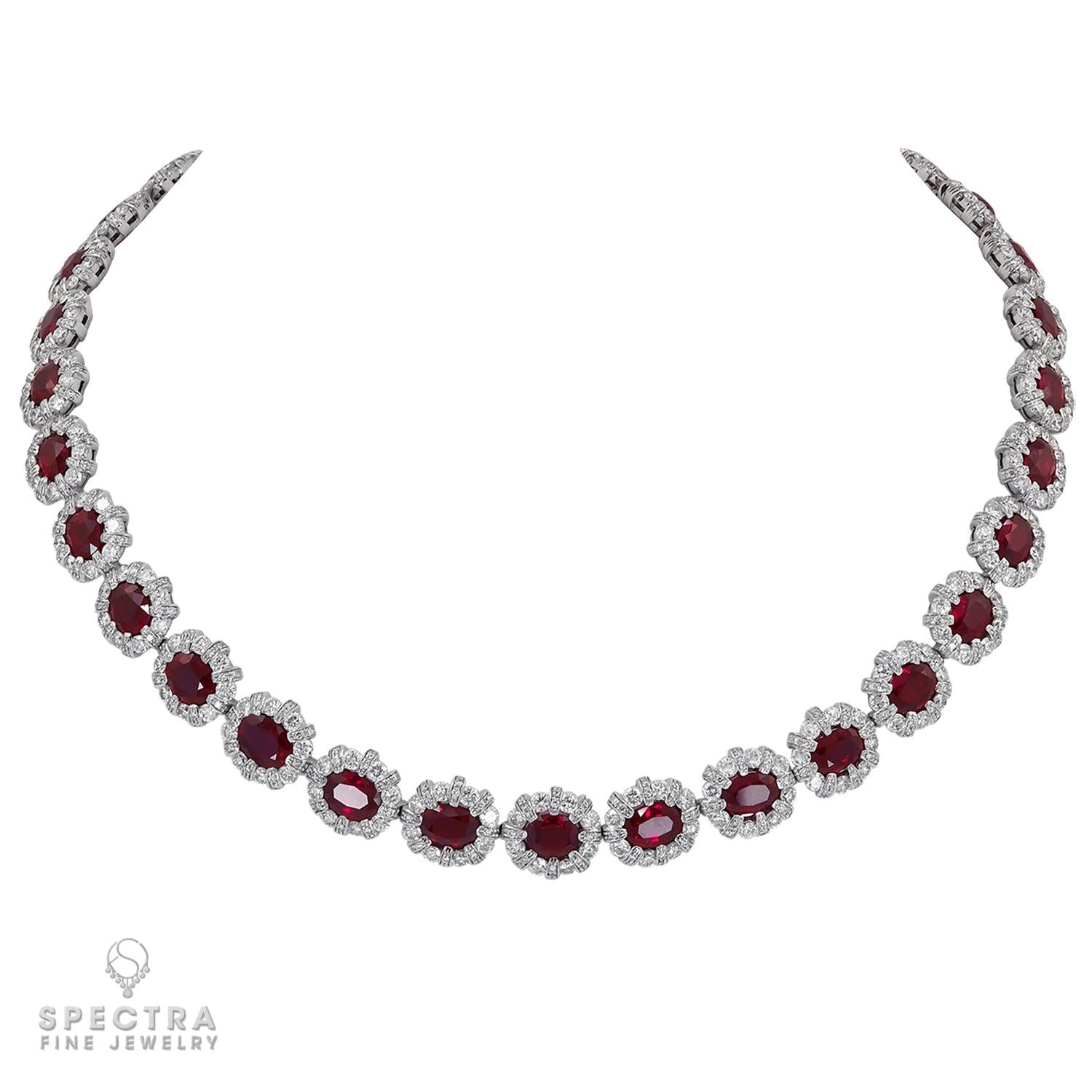 34.81 cts. Burmese Ruby Diamond Halo Riviere Necklace