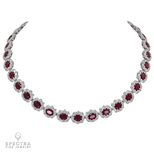 34.81 cts. Burmese Ruby Diamond Halo Riviere Necklace