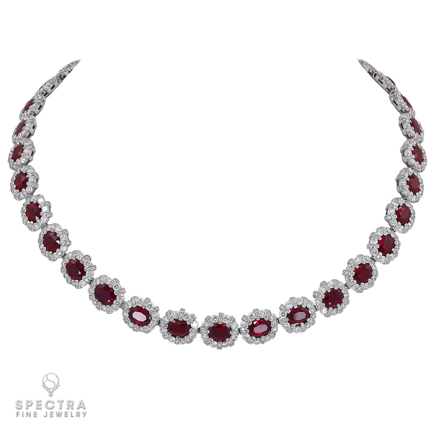 34.81 cts. Burmese Ruby Diamond Halo Riviere Necklace