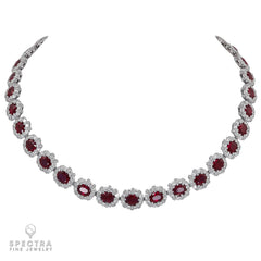 34.81 cts. Burmese Ruby Diamond Halo Riviere Necklace