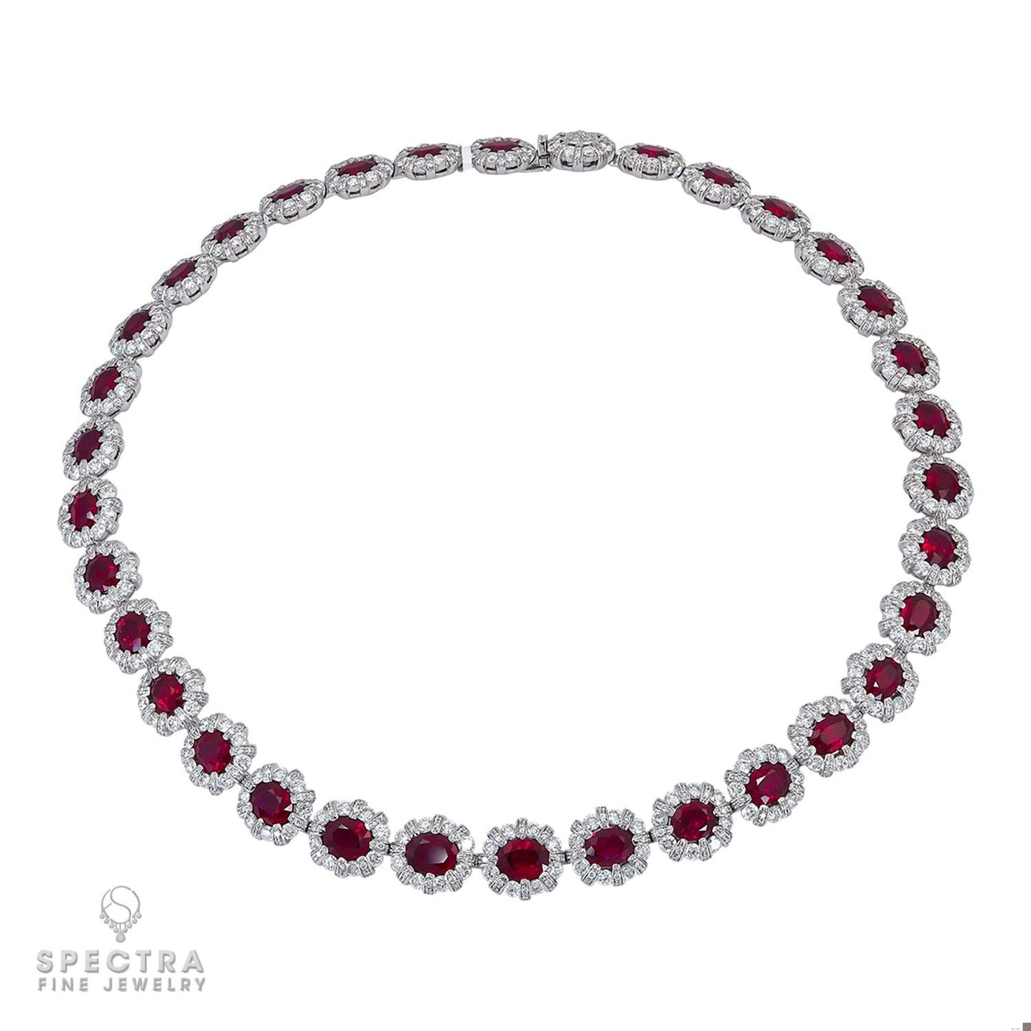 34.81 cts. Burmese Ruby Diamond Halo Riviere Necklace