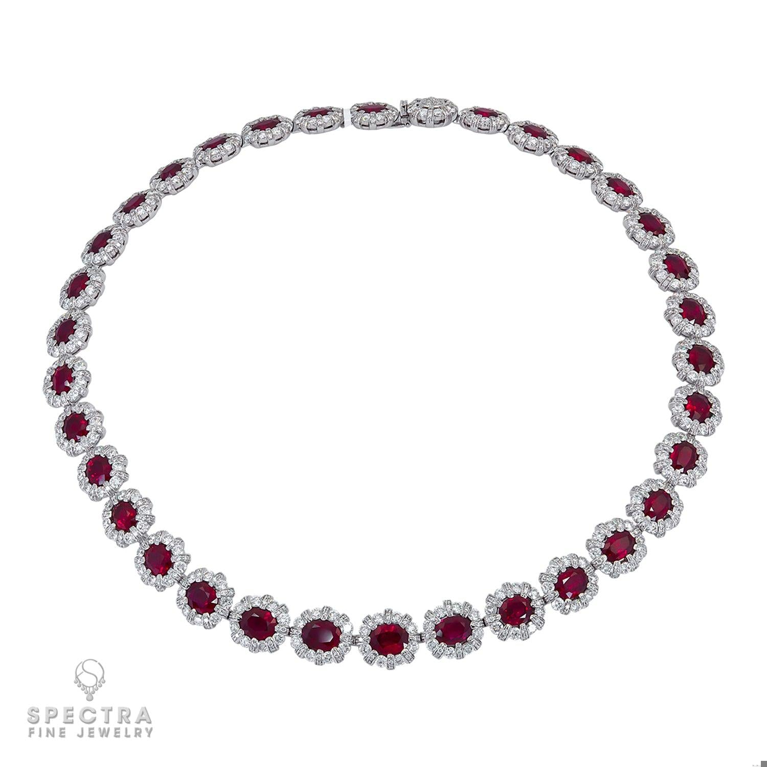 34.81 cts. Burmese Ruby Diamond Halo Riviere Necklace