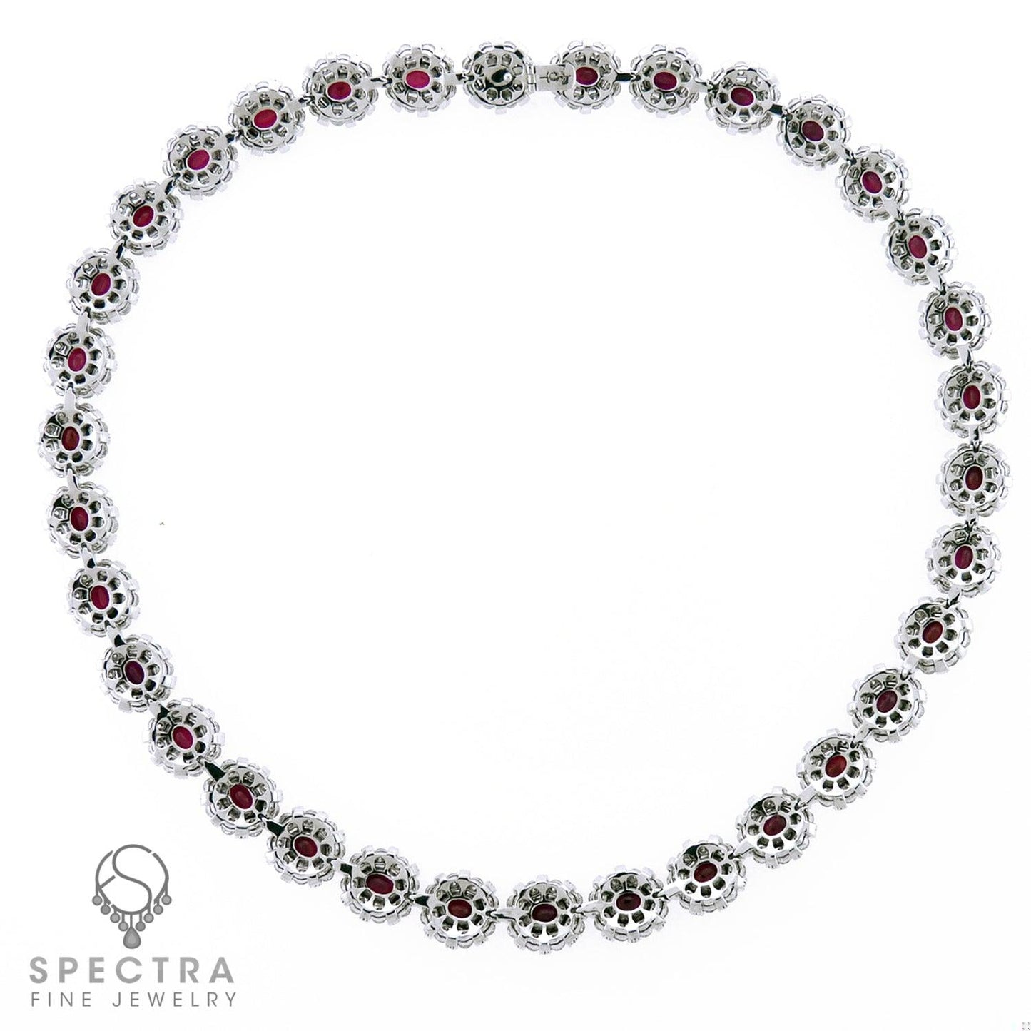 34.81 cts. Burmese Ruby Diamond Halo Riviere Necklace
