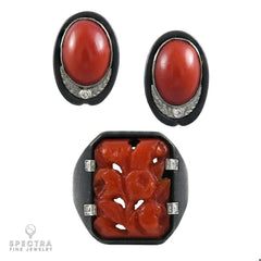 Art Deco Vintage Steel Coral Diamond Demi Parure Suite