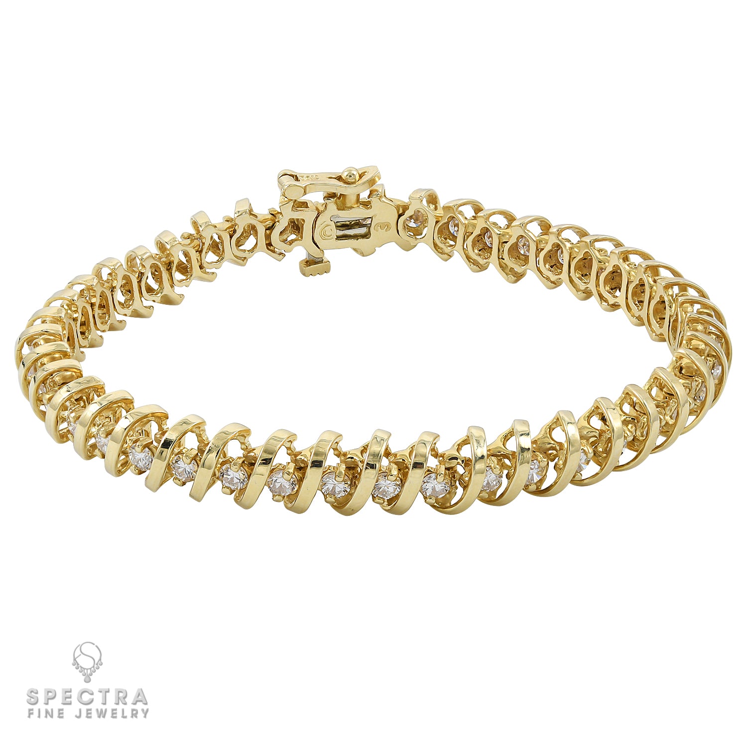 Contemporary Yellow Gold Diamond Coil Tennis Line Bracelet 3.78ct - view 2