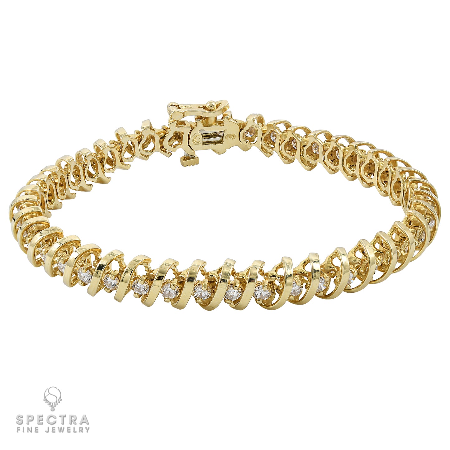 Contemporary Yellow Gold Diamond Coil Tennis Line Bracelet 3.78ct - view 2