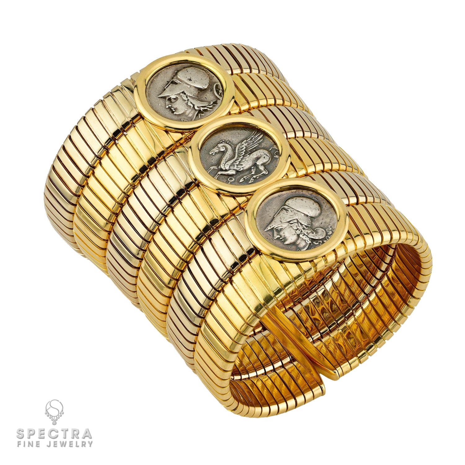 Bulgari Coin Tubogas Bangle in Two-Tone 18K Gold – Signed Estate Fine Jewelry