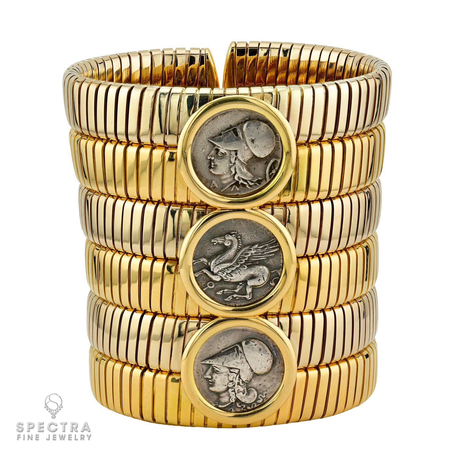 Bulgari Coin Tubogas Bangle in Two-Tone 18K Gold – Signed Estate Fine Jewelry