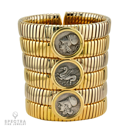 Bulgari Coin Tubogas Bangle in Two-Tone 18K Gold – Signed Estate Fine Jewelry