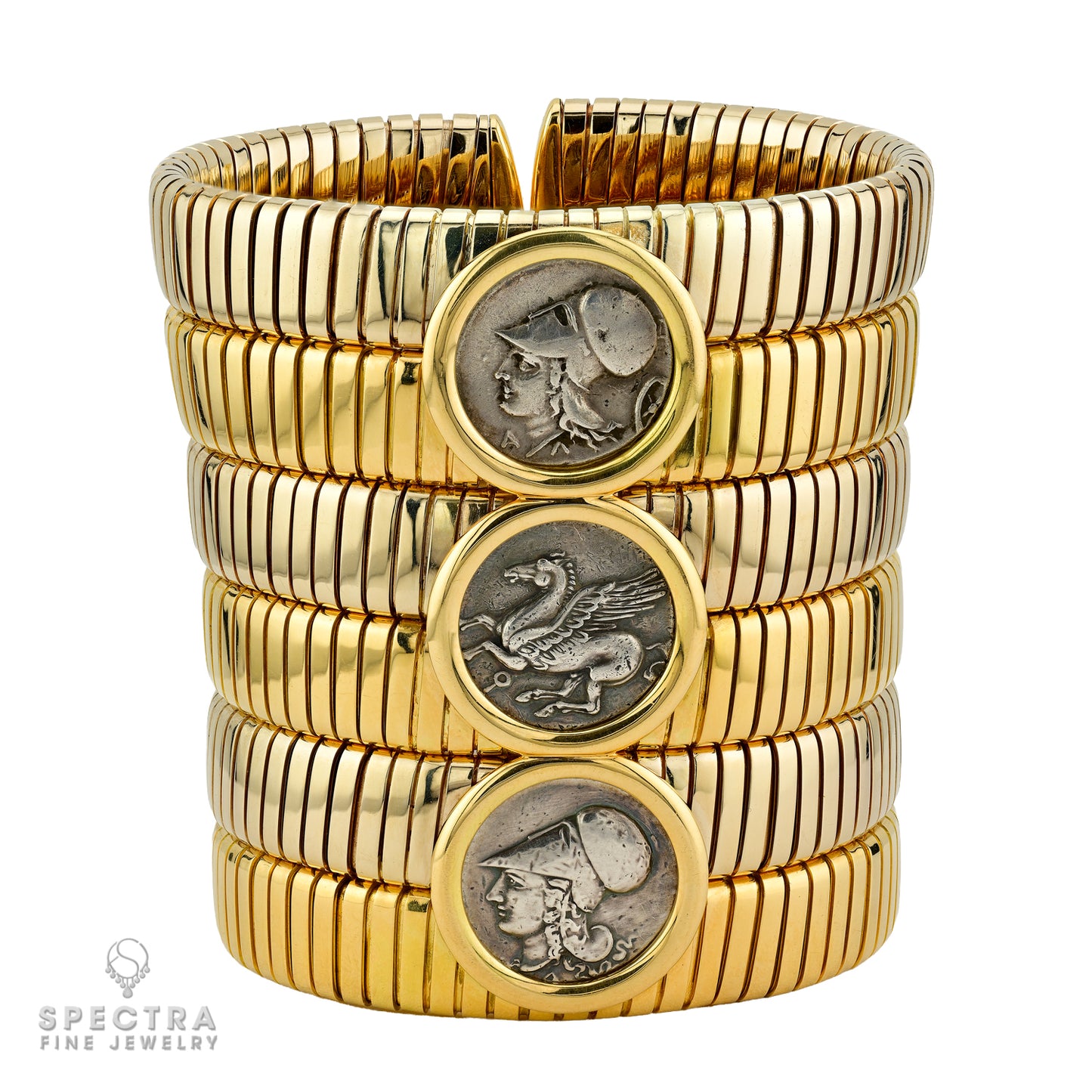 Bulgari Coin Tubogas Bangle in Two-Tone 18K Gold – Signed Estate Fine Jewelry
