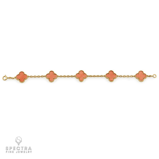 Van Cleef & Arpels Vintage Coral 5-Motif Alhambra Bracelet 18K Gold