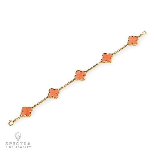 Van Cleef & Arpels Vintage Coral 5-Motif Alhambra Bracelet 18K Gold