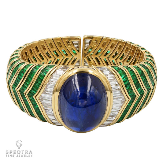 Bulgari 89.72 ct Sapphire, Emerald & Diamond Bangle in 18K Gold