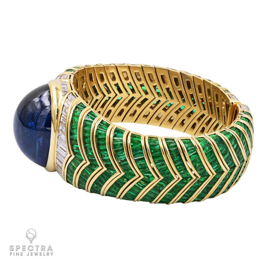 Bulgari 89.72 ct Sapphire, Emerald & Diamond Bangle in 18K Gold