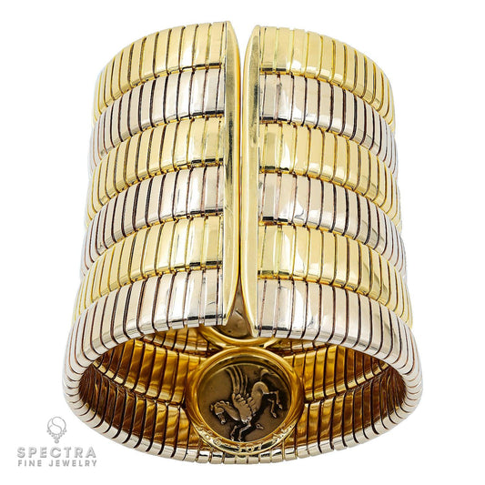 Bulgari Coin Tubogas Bangle in Two-Tone 18K Gold – Signed Estate Fine Jewelry