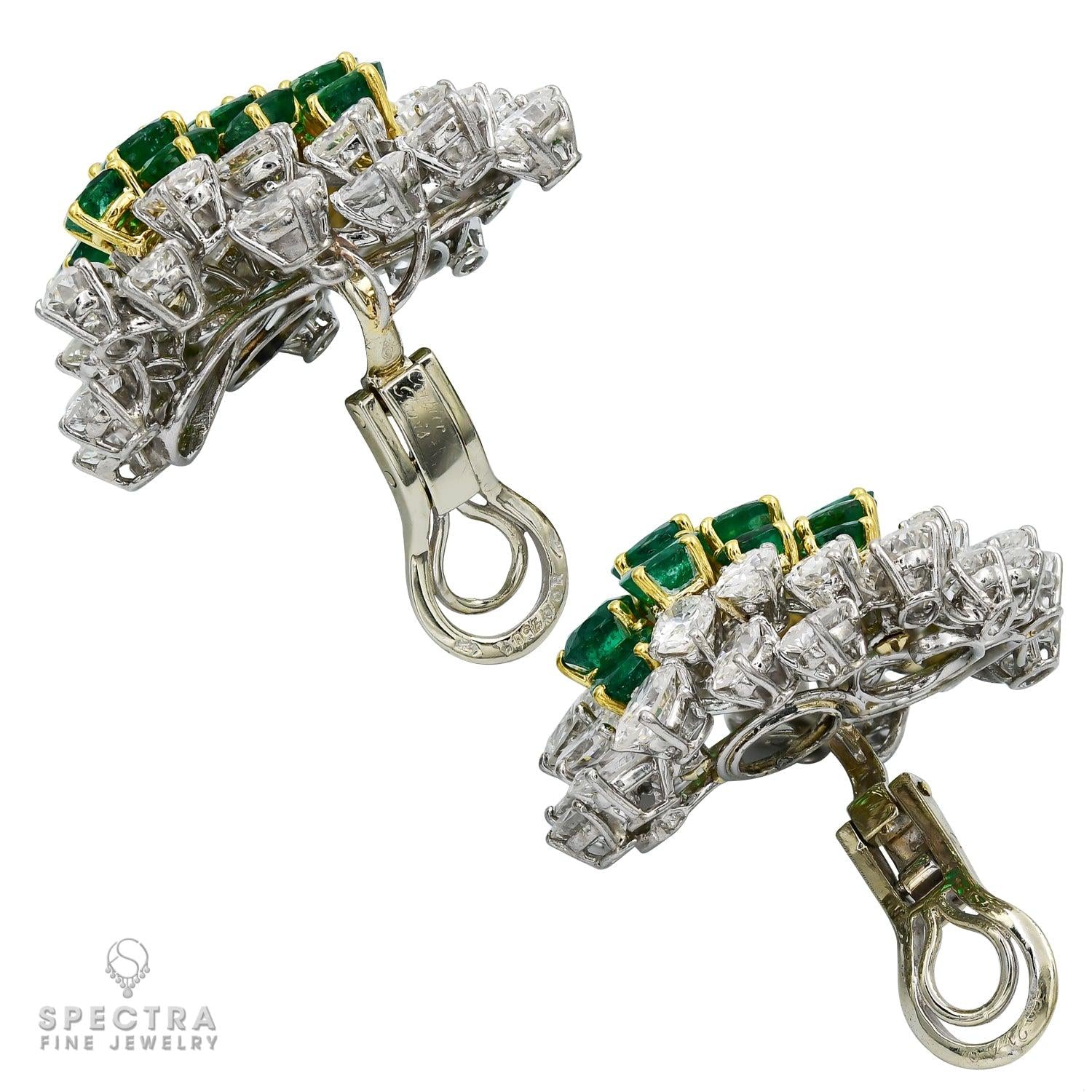 Vintage Signed Cartier Emerald Diamond Halo Cluster Button Earrings