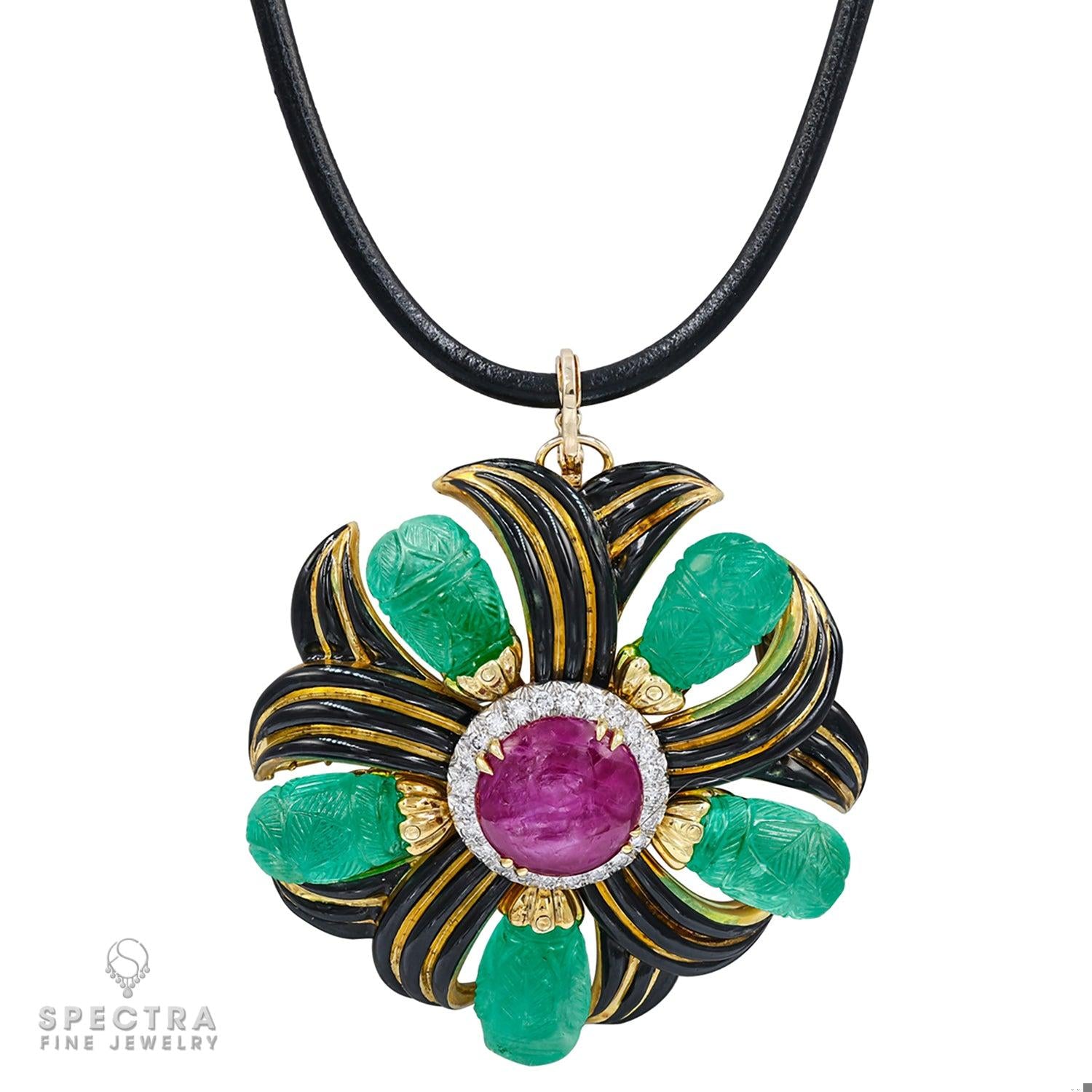 David Webb Burmese Ruby Colombian Emerald Convertible Brooch Pendant