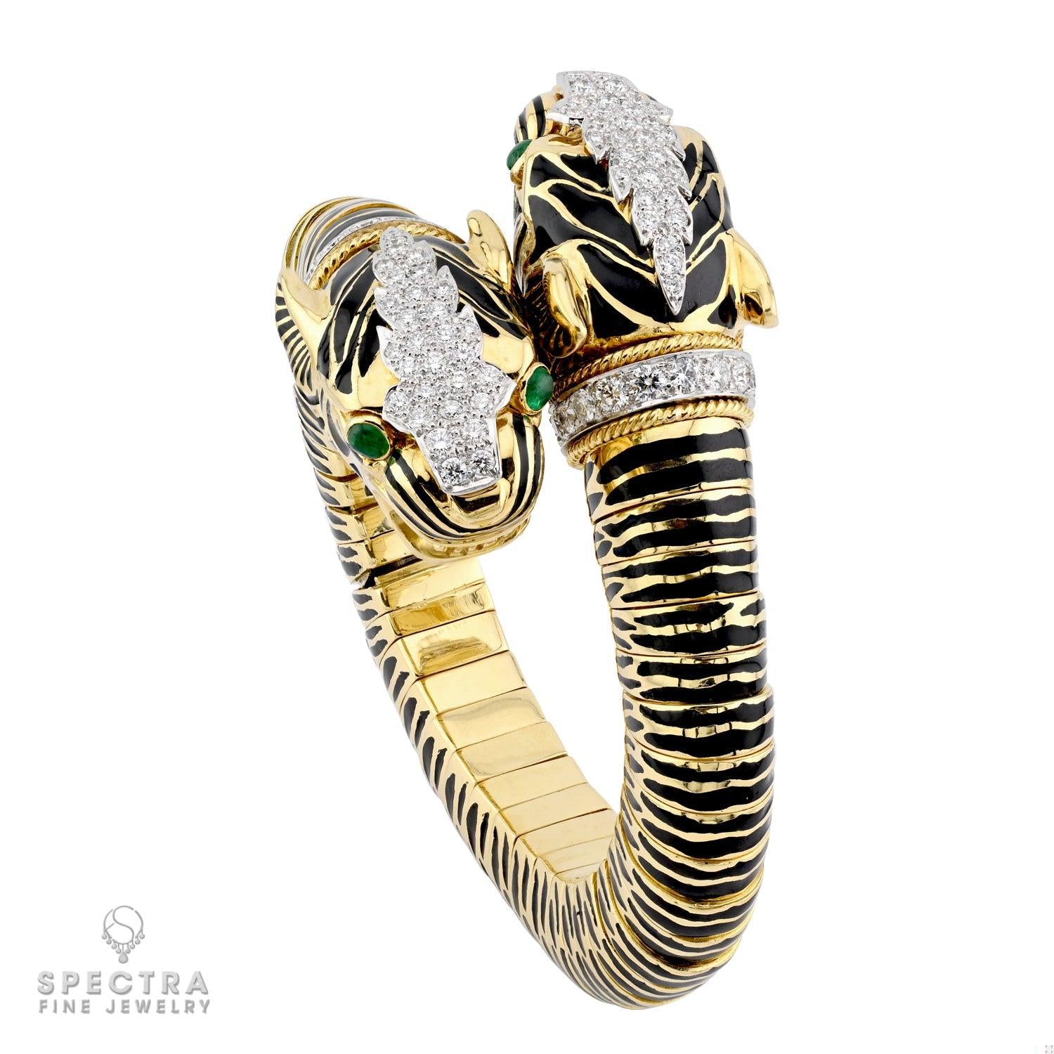 David Webb Double‑Head Tiger Diamond & Emerald Enamel Bangle – Signed