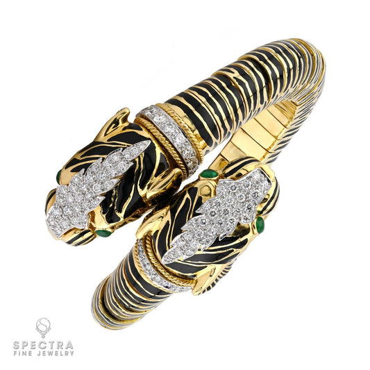 David Webb Double‑Head Tiger Diamond & Emerald Enamel Bangle – Signed