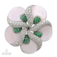De Ambrosi's Diamond Emerald Mother of Pearl Flower Brooch