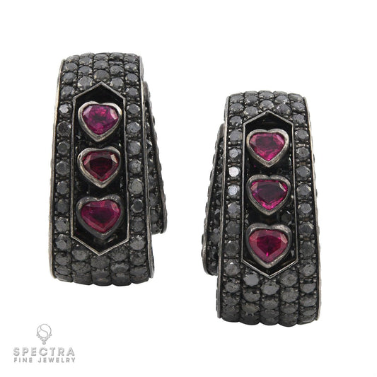 De Grisogono Diamond Pave Ruby Heart Button Drop Earrings