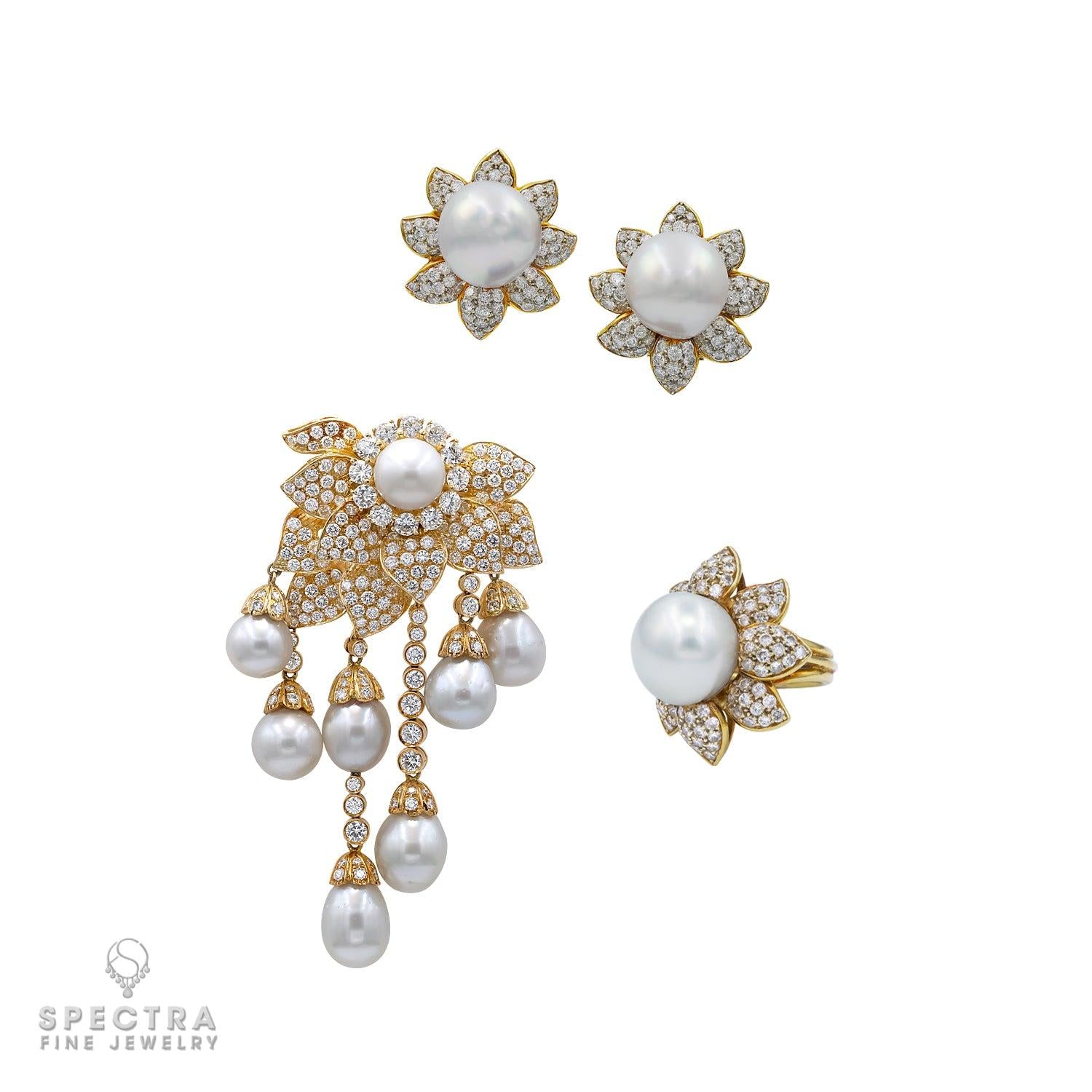 Diamond Pearl Brooch, Earrings, and Ring Set