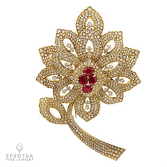 Mauboussin 50ct Diamond 14ct Burma Ruby Flower Brooch, 18k Gold