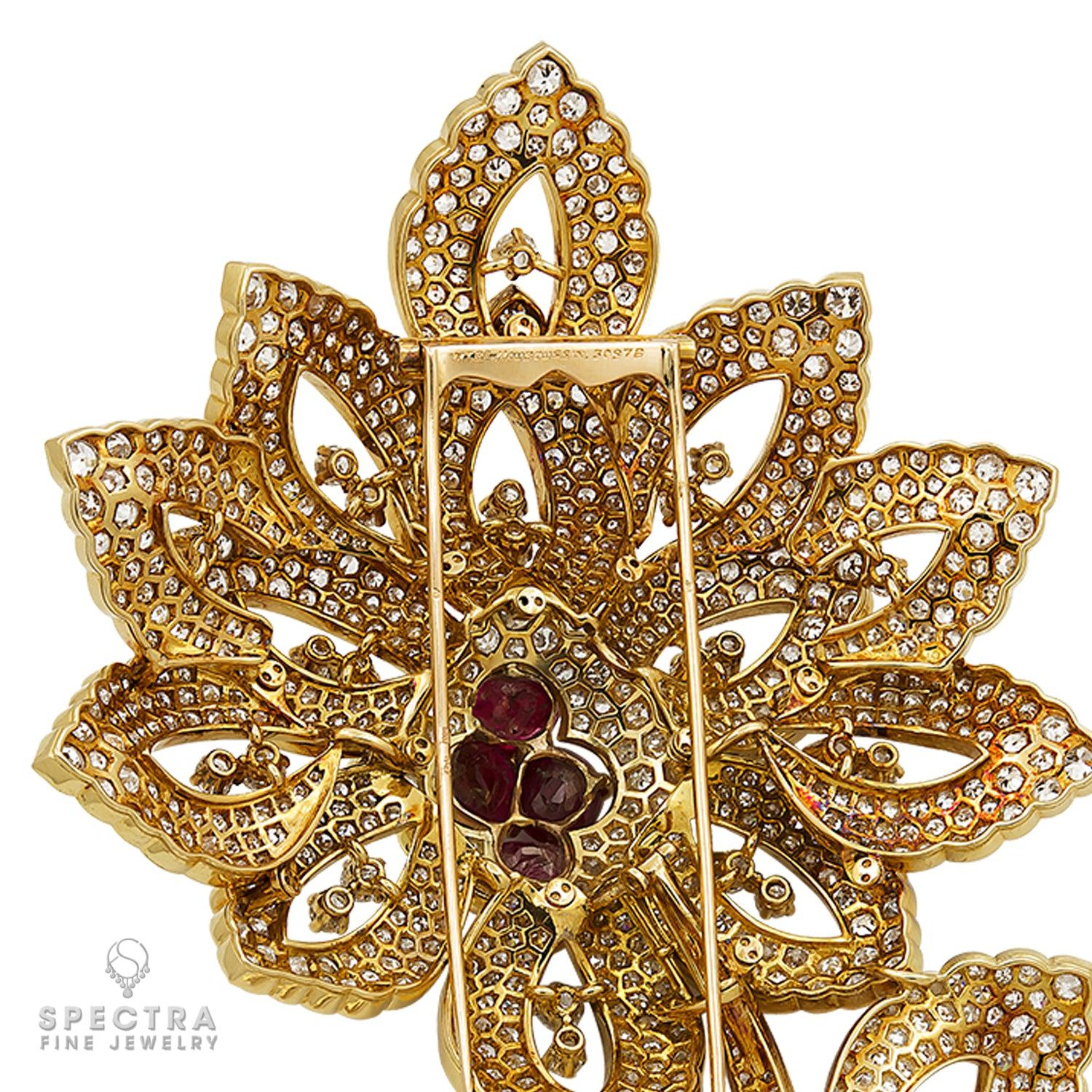 Mauboussin 50ct Diamond 14ct Burma Ruby Flower Brooch, 18k Gold