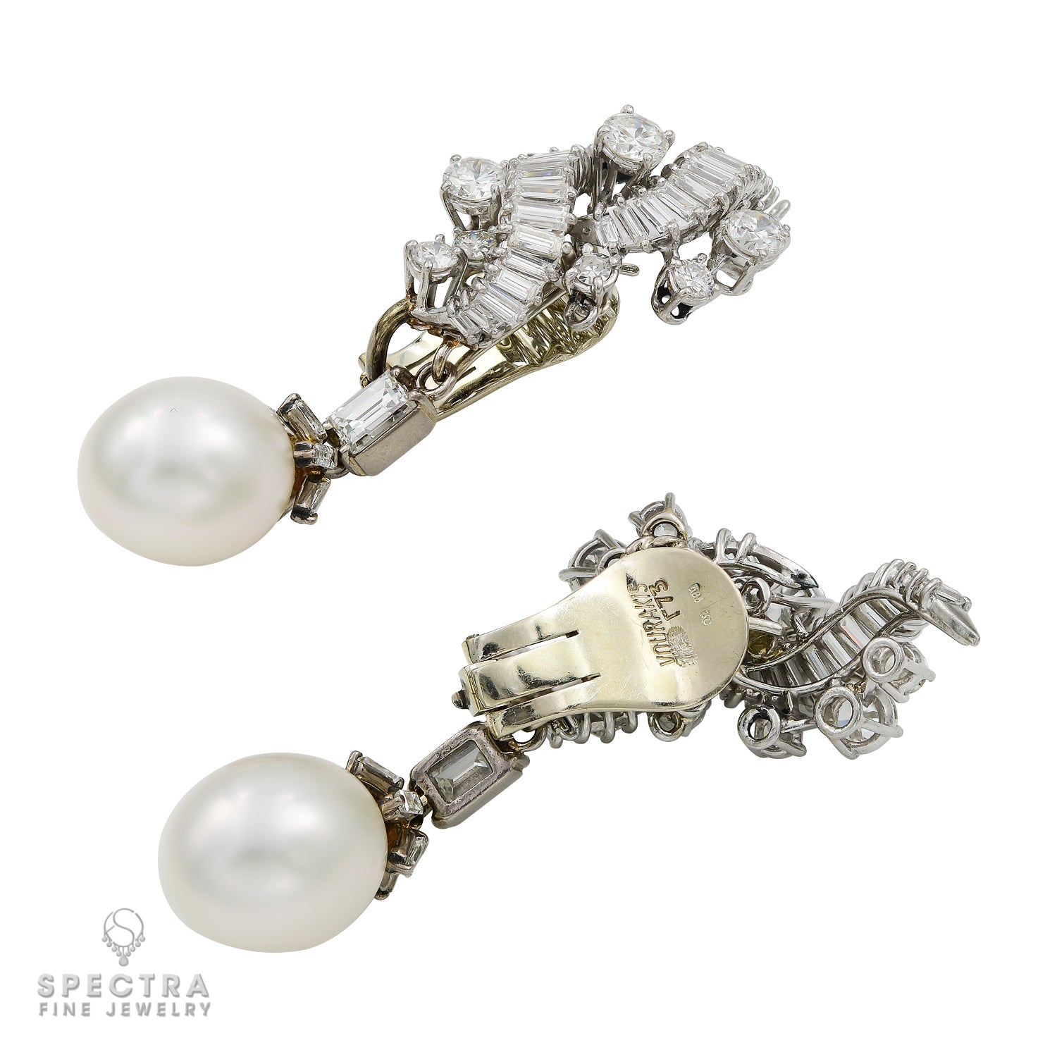 Earrings—detachable cultured-pearl drops with baguette diamonds