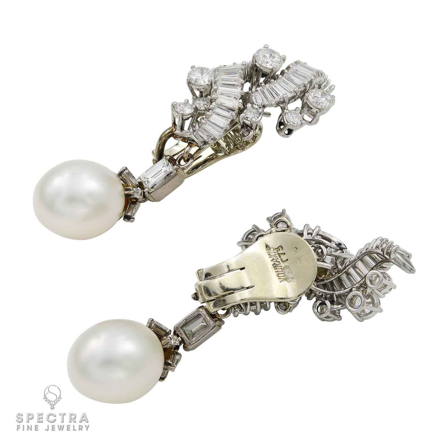 Earrings—detachable cultured-pearl drops with baguette diamonds