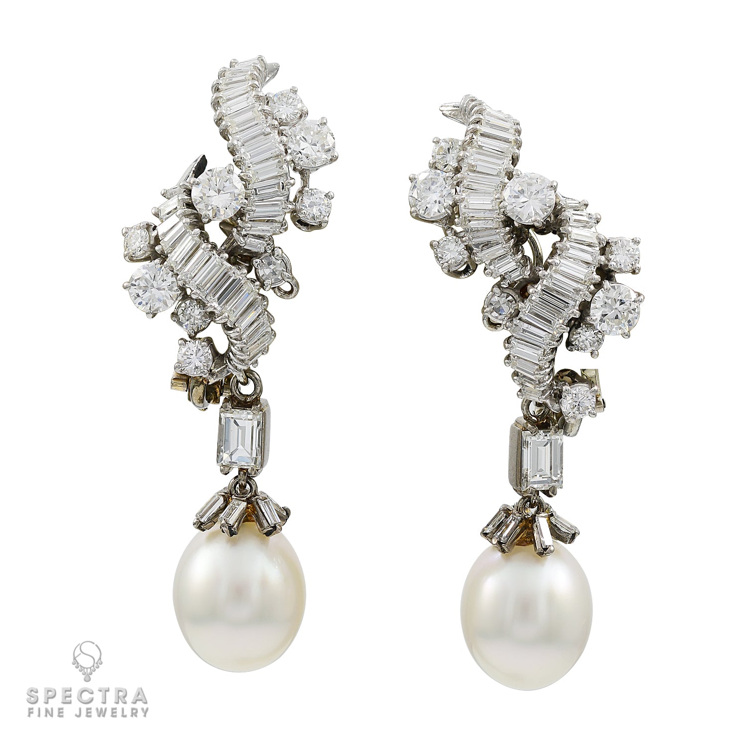 Vourakis signed diamond & pearl drop earrings in platinum (c. 1990s)
