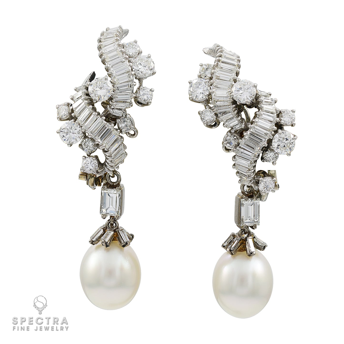 Vourakis signed diamond & pearl drop earrings in platinum (c. 1990s)