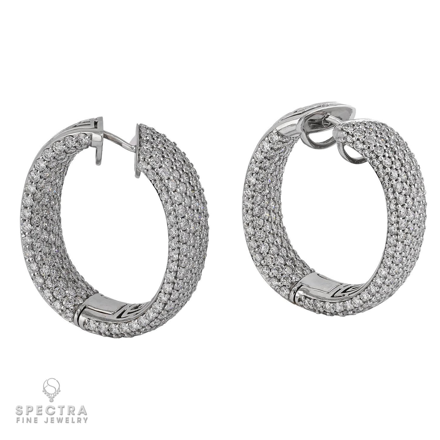 10.56 Carat Pave Diamond Hoop Earrings in 18K White Gold