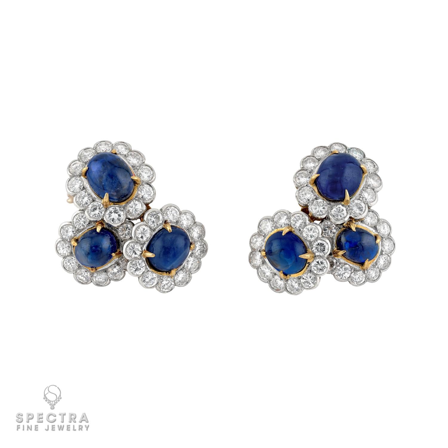 Van Cleef & Arpels Ceylon Sapphire Cabochon & Diamond Earclips, Signed