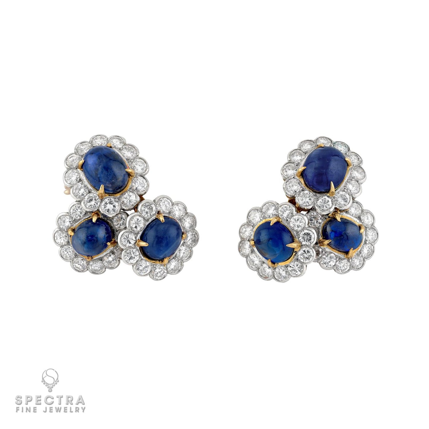 Van Cleef & Arpels Ceylon Sapphire Cabochon & Diamond Earclips, Signed