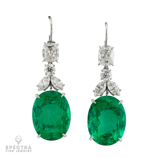 Colombian Emerald & Diamond Drop Earrings in Platinum | 32.27 ct