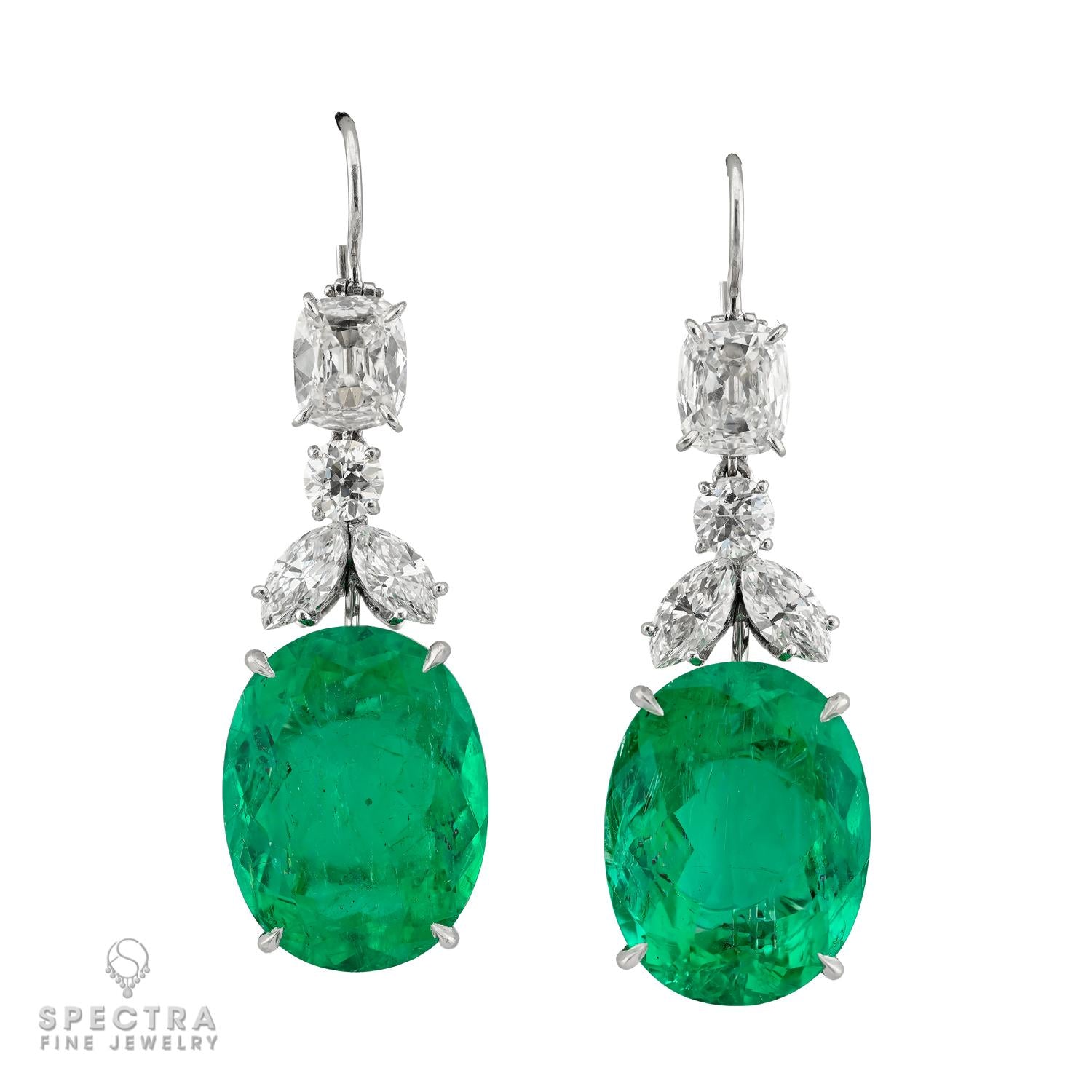Colombian Emerald & Diamond Drop Earrings in Platinum | 32.27 ct