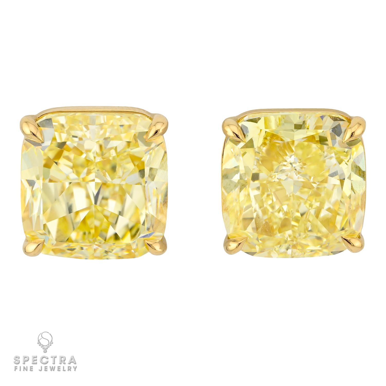 7.77 & 7.92 ct. Fancy Yellow Cushion Diamond Stud Earrings in 18k Gold | Spectra